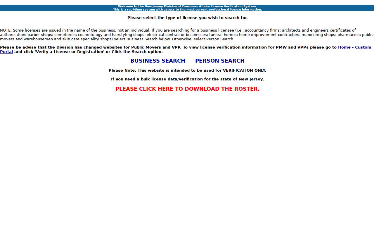 Livingston residents directory New Jersey professional license verification screen