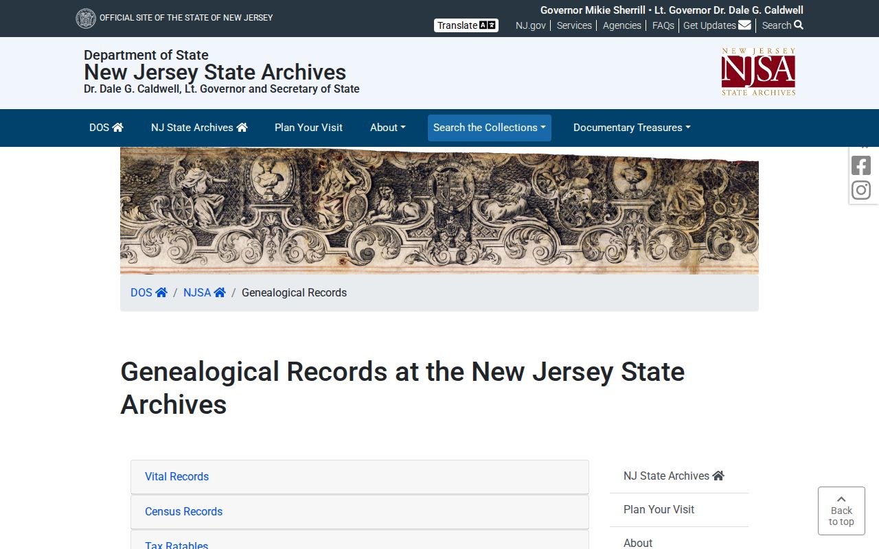 Livingston residents directory New Jersey State Archives genealogical collections search