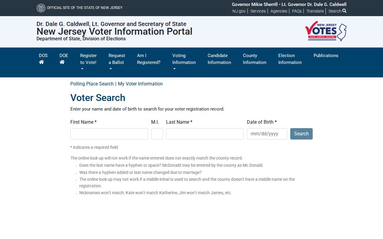 Livingston resident lookup through the New Jersey voter registration check screen
