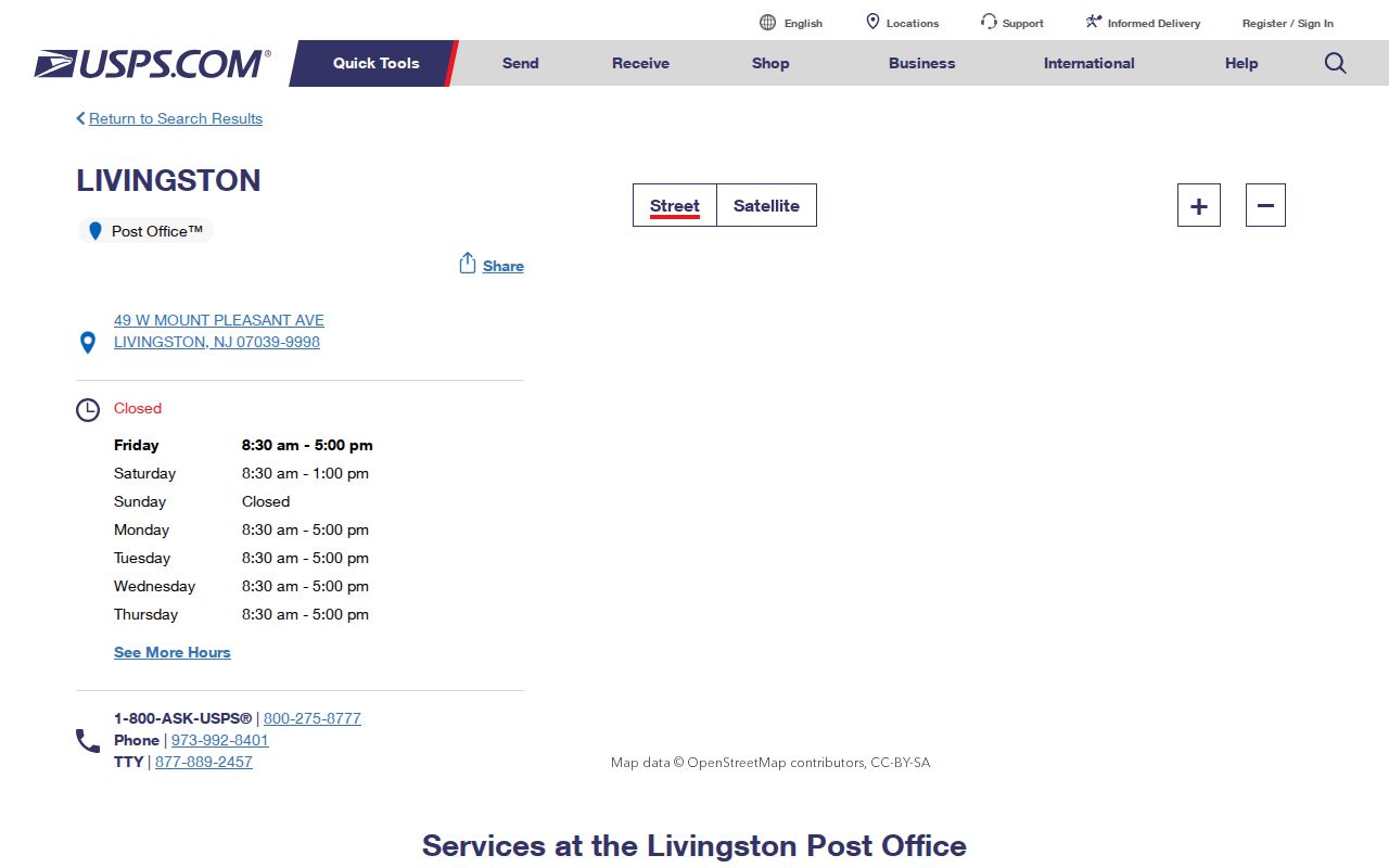 Livingston ZIP code directory USPS listing for the 07039 post office